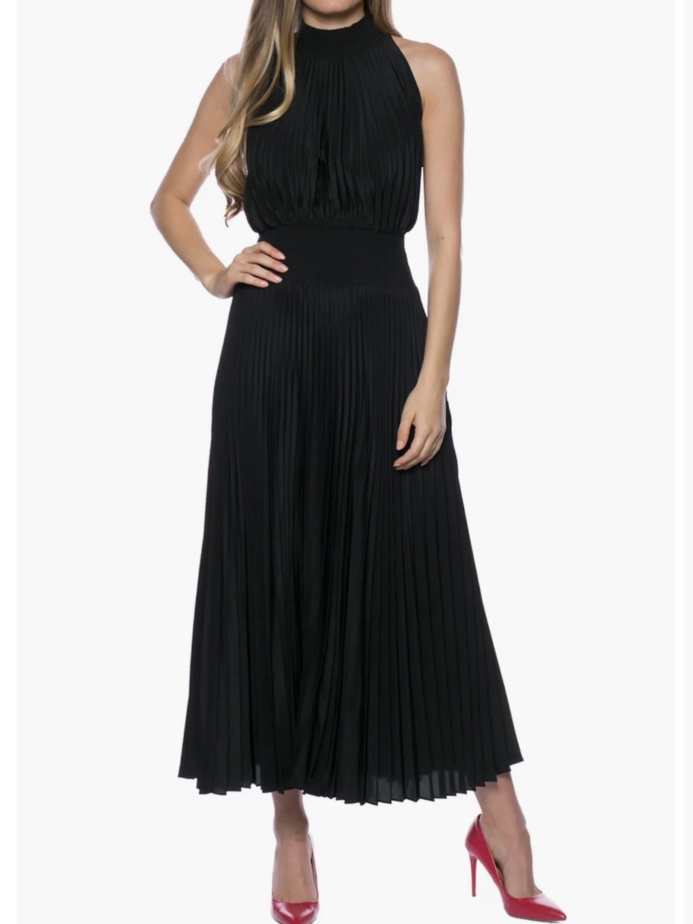MARINA Black Pleated Halter Maxi Dress